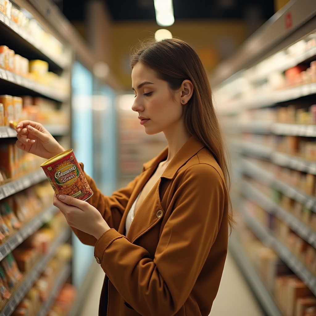 Person hält spontan gekauftes Produkt im Supermarkt, nachdenklicher Gesichtsausdruck