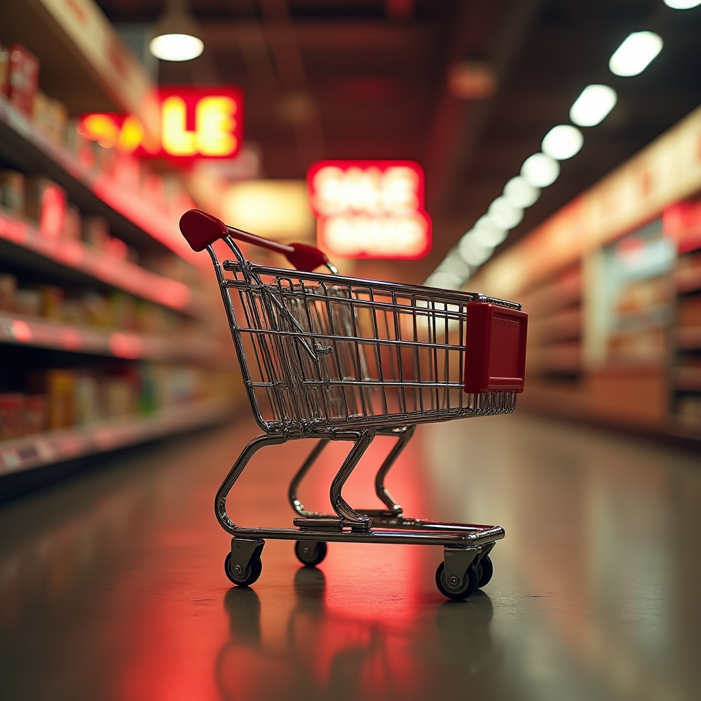 Einkaufswagen in einem modernen Supermarkt, symbolisiert Kaufentscheidungen